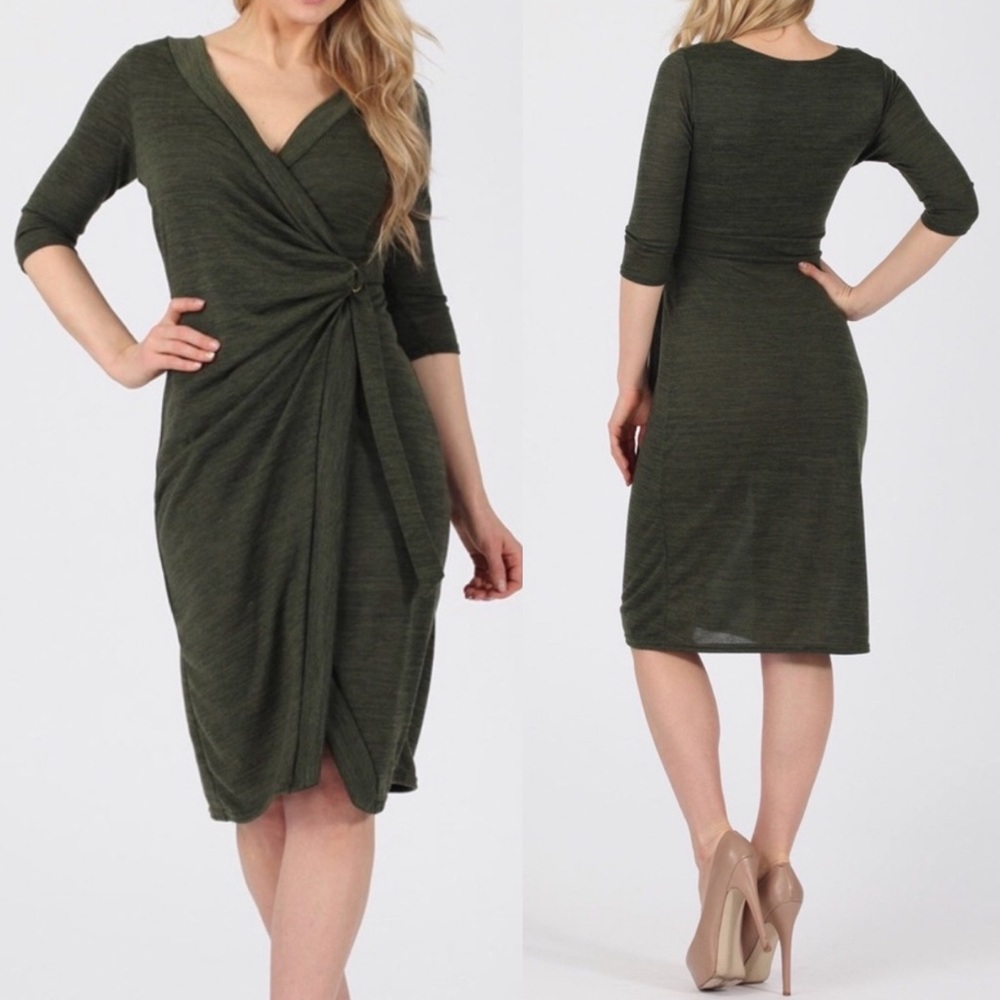Last one Olive Green Bodycon Knit Wrap Sweater Dress - Picture 2 of 16